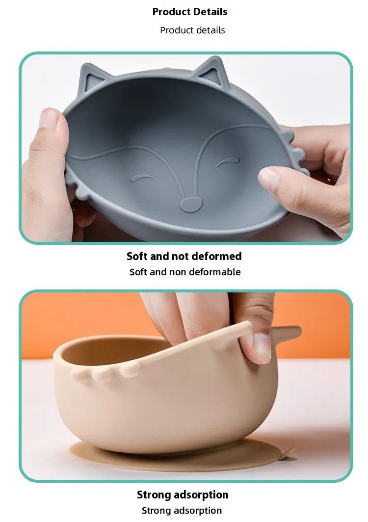 3ヶ月頃から安心・快適に離乳食を始められる 吸盤付きベビー用シリコンボウル&スプーンセット きつねデザイン 食品グレードシリコン こぼれにくい