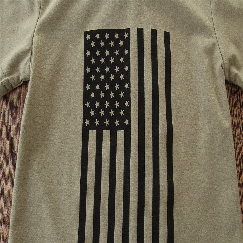 夏の外遊びがかっこよく決まる 男の子上下セット 半袖Tシャツ&ロングパンツ 星条旗プリント×カモフラ柄 コットン/ポリエステル 70〜110cm