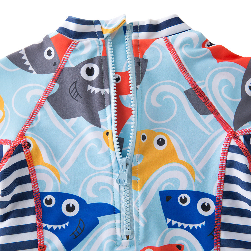 男の子向け サメ柄キッズ水着セット|長袖ワンピース+スイムキャップ付き(2〜7歳)プール・海・温泉
