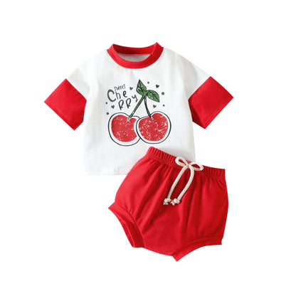 甘いフルーツ＆アニマルプリントで写真映えする 女の子半袖Tシャツ＆ブルマ風ショートパンツ上下セット コットン 70〜100cm