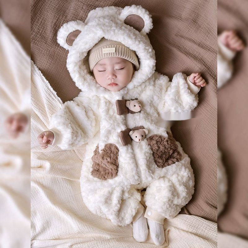 くま耳フード付きフリース中綿ベビーカバーオール正面
