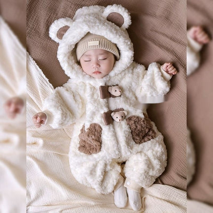 くま耳フード付きフリース中綿ベビーカバーオール正面

