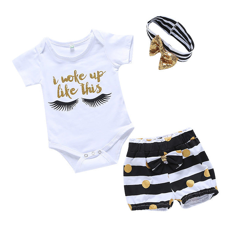 おしゃれに映えて夏の気分が上がる 女の子半袖ロンパース＆ボーダーショートパンツ＆ターバン3点セット コットン ホワイト 70~110cm