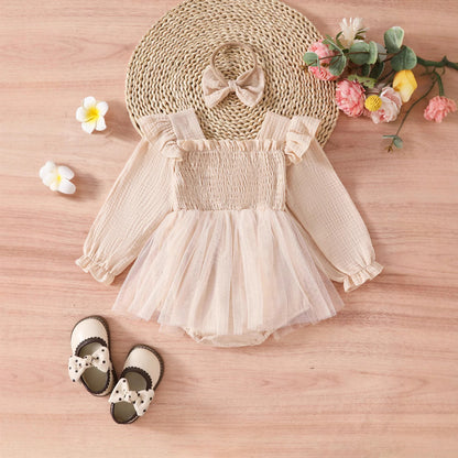 バースデーにふんわり映える 女の子長袖ロンパース チュールスカート重ね one刺繍 コットンニット ピンク・ベージュ・オリーブ 6〜18ヶ月