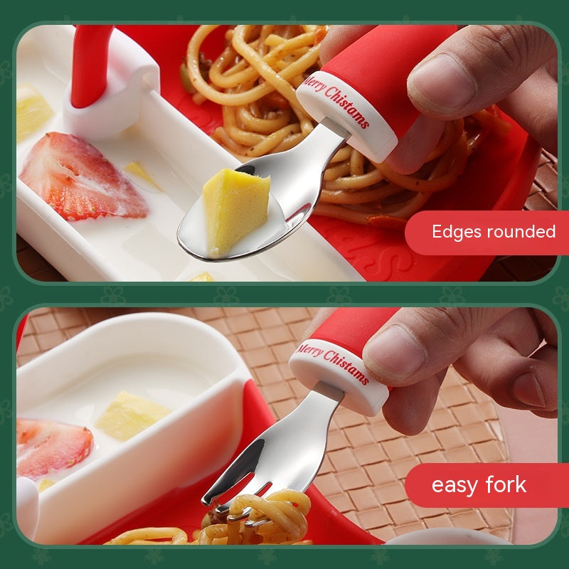 吸盤付き クリスマスハット シリコンベビー食器セット 6ヶ月以上｜304ステンレススプーン・フォーク＆調節ビブ BPAフリー 電子レンジ・食洗機対応