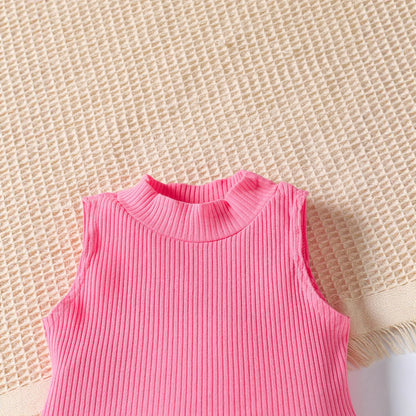 さらっと軽やかに大人っぽく決まる 女の子ノースリーブベスト＆レタープリントデニム風パンツ2点セット コットン素材 100〜130cm