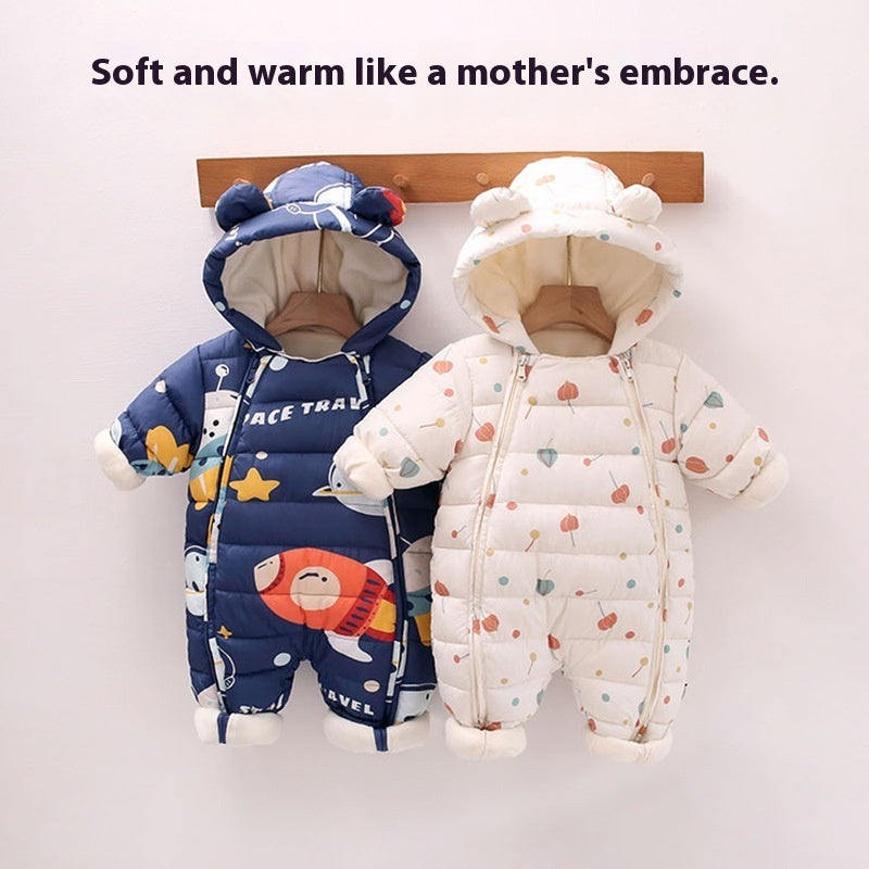 冬用厚手フリース裏地ベビージャンプスーツ正面写真
