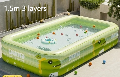 恐竜デザイン 日よけシェード付きインフレータブルプール 3層PVC・排水口付き 家庭用おうちプール（ドラゴンベビーグリーン／150・180・210cm）