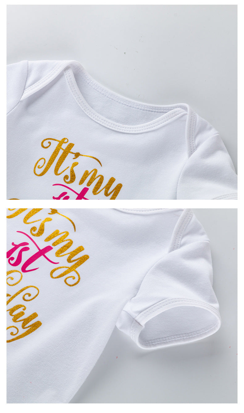 1歳バースデー気分が華やぐ 女の子ロンパース＆チュールスカート3点セット レタープリント ローズレッド コットン混素材 59~90cm