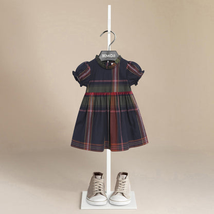 通気性のよいレトロチェックが上品な 女の子プリンセスワンピース ダークブルー コットン 80~120cm