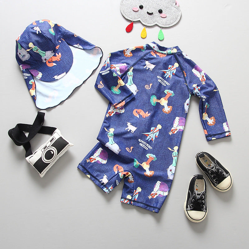 フード付きシャーク柄ボーイズUVサーフスーツ｜前開きジップのラッシュガード一体型（90・100・110・120・130・140cm／3色）