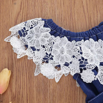 上品レースフリルで可憐に決まる 女の子オフショルダーデニムロンパース リボン付き 薄手 70〜100cm