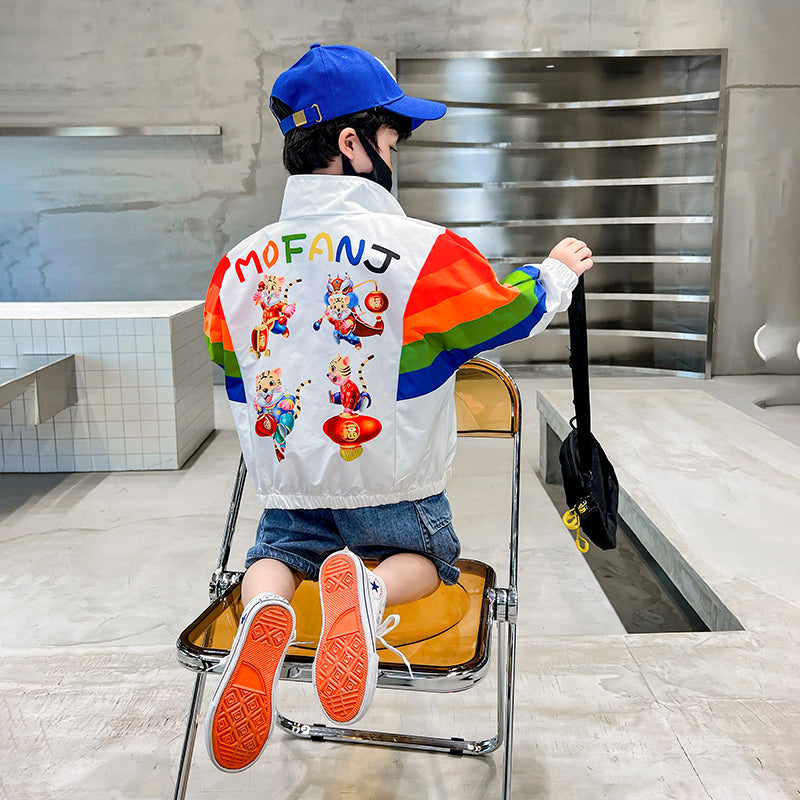 日差し対策も軽やかに決まる 子どもUVカット薄手ジャケット レインボースリーブ＆タイガープリント 通気性デザイン コットン混 100~160cm