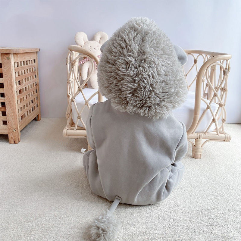 やわらかコットンで秋まで快適 新生児・赤ちゃん長袖カバーオール 無地ブラウン＆ライトグレー 再生セルロース繊維混 66–100cm