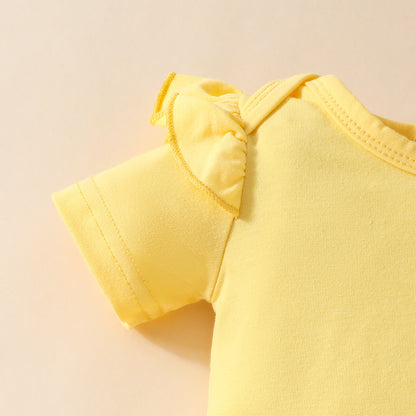 ひまわりモチーフで夏の主役になれる 女の子ベビー半袖ロンパース＆サスペンダースカート3点セット コットンニット イエロー 0〜18ヶ月