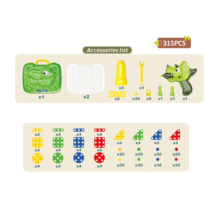 315PCSセット用の大きなプレートボードと電動ドリルや多種類のネジパーツが整列したパーツ構成図
