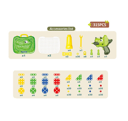 315PCSセット用の大きなプレートボードと電動ドリルや多種類のネジパーツが整列したパーツ構成図
