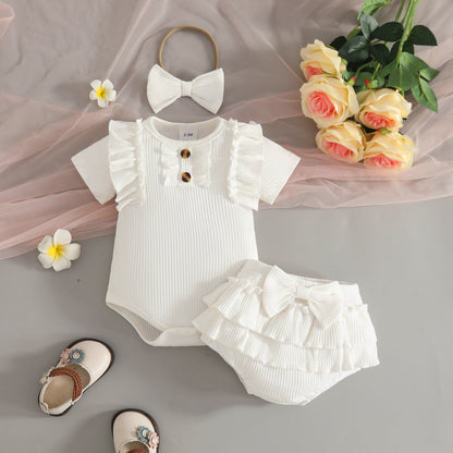 さらっとリブで夏も快適な 赤ちゃん女の子ロンパース＆フリルブルマ＆リボンヘアバンド3点セット 無地デザイン ポリエステルリブニット 0〜18ヶ月