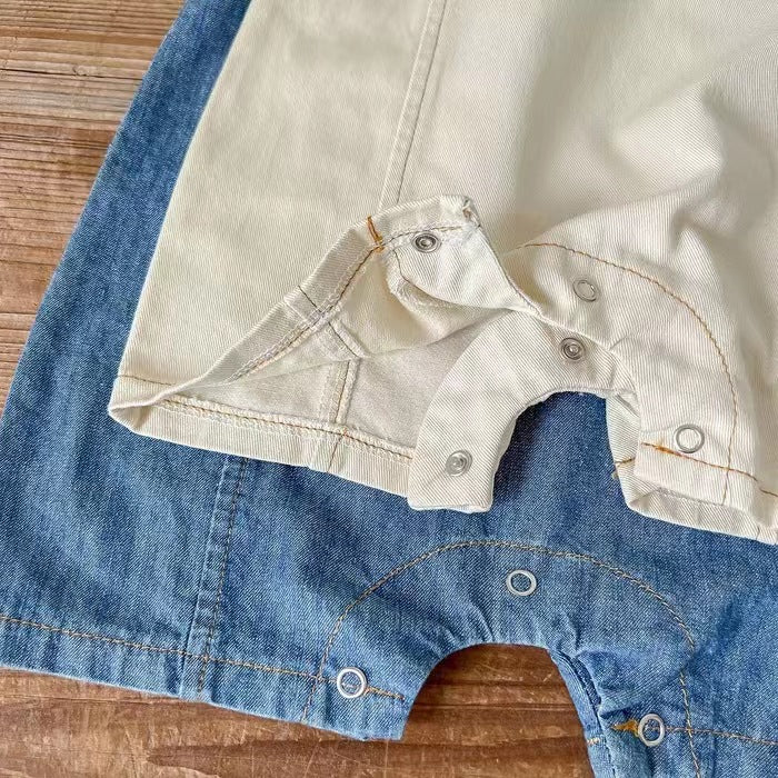 夏のおでかけがもっと可愛くなる 赤ちゃんユニセックス デニムサロペット風オーバーオール 帽子付き ノースリーブ コットン アプリコット・ブルー 66~90cm