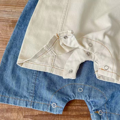 夏のおでかけがもっと可愛くなる 赤ちゃんユニセックス デニムサロペット風オーバーオール 帽子付き ノースリーブ コットン アプリコット・ブルー 66~90cm