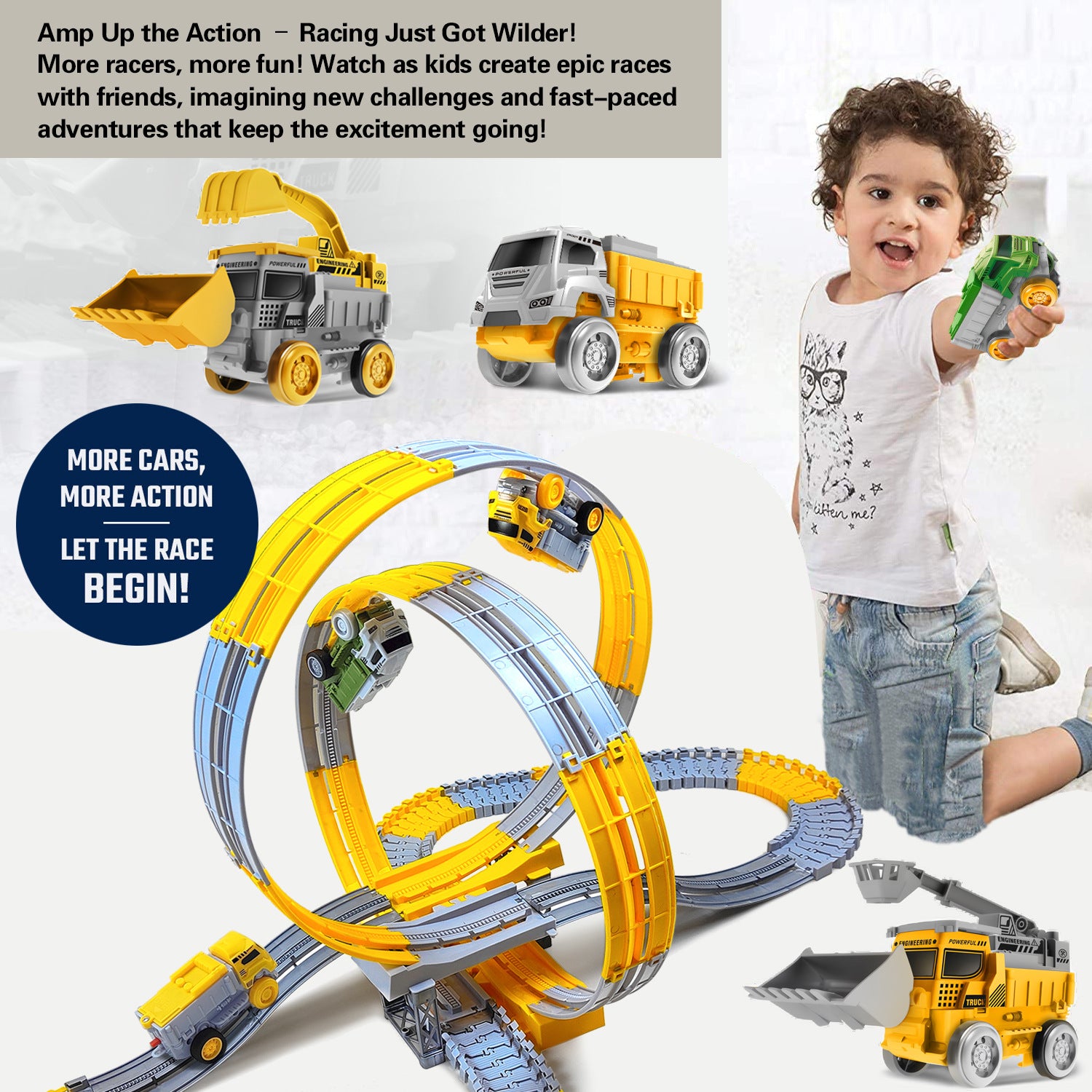 子どもが手元のレールをつなぎ合わせてコースを組み立てているシーン
