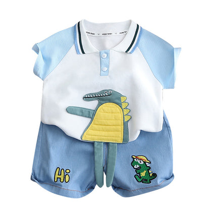 きちんと見えで動きやすい 男の子ポロシャツセットアップ アニマルカートゥーン 刺繍アップリケ コットン 80〜130cm