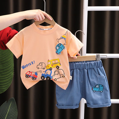 元気に遊べる 男の子半袖Tシャツ＆ショートパンツ上下セット のりものカートゥーンプリント コットン素材 80~120cm