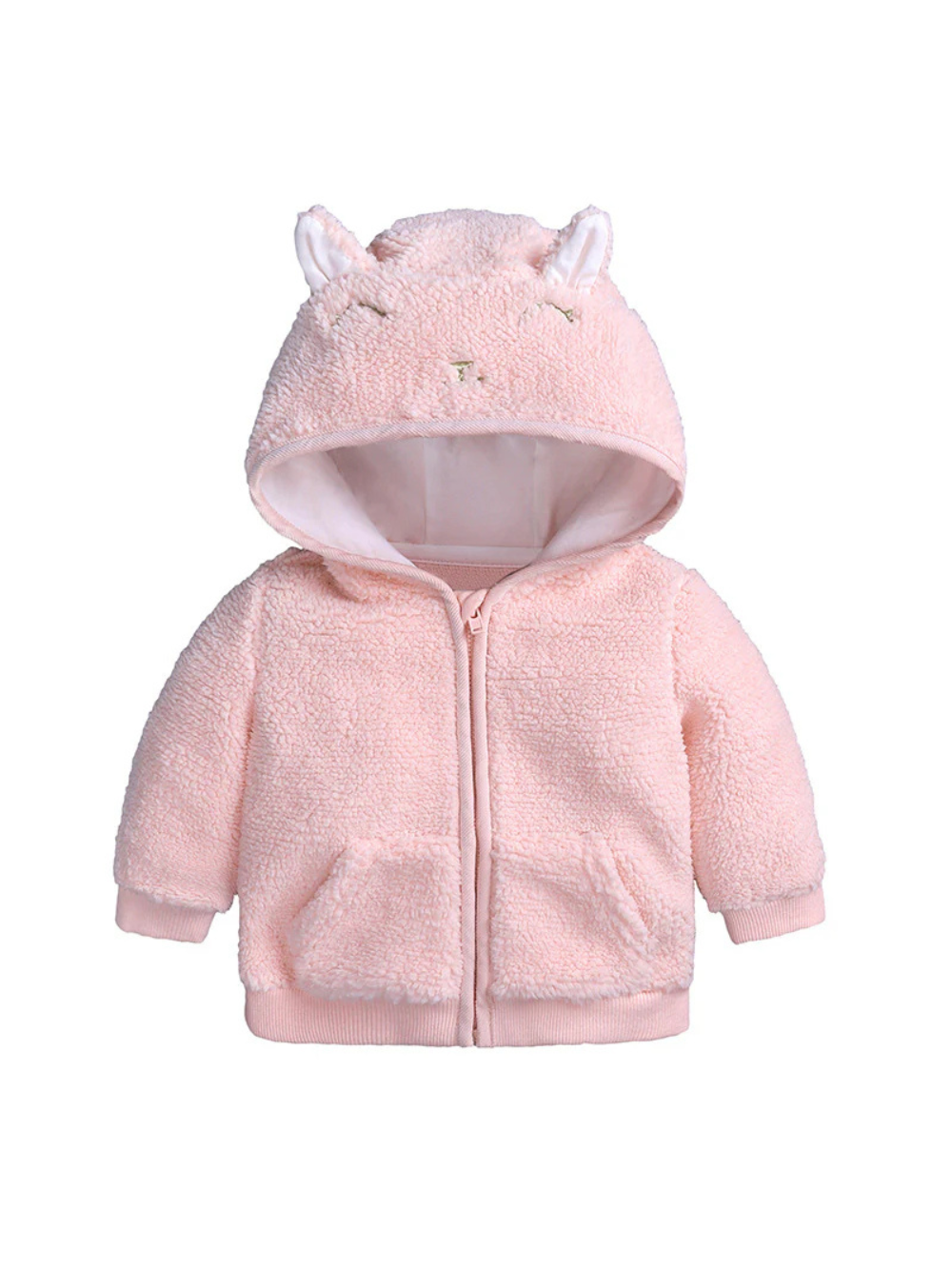 耳付きフードがかわいいピンクのラムウール風ベビージャケット前面
