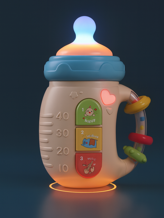 ボトル側面のカラフルなボタンとハート型ライト部分をクローズアップした写真
