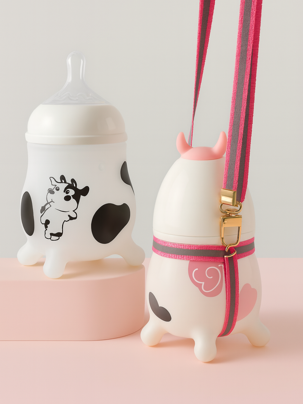 広口タイプのガラス哺乳瓶とシリコンカバーキャップを台座に置いた商品写真（広口ガラスベビーボトル）
