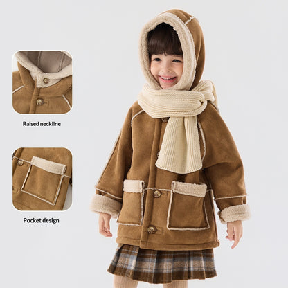 ふんわりボアで冬のおでかけもあったか 女の子フード付きコート テリークロス風ポリエステル 80–130cm