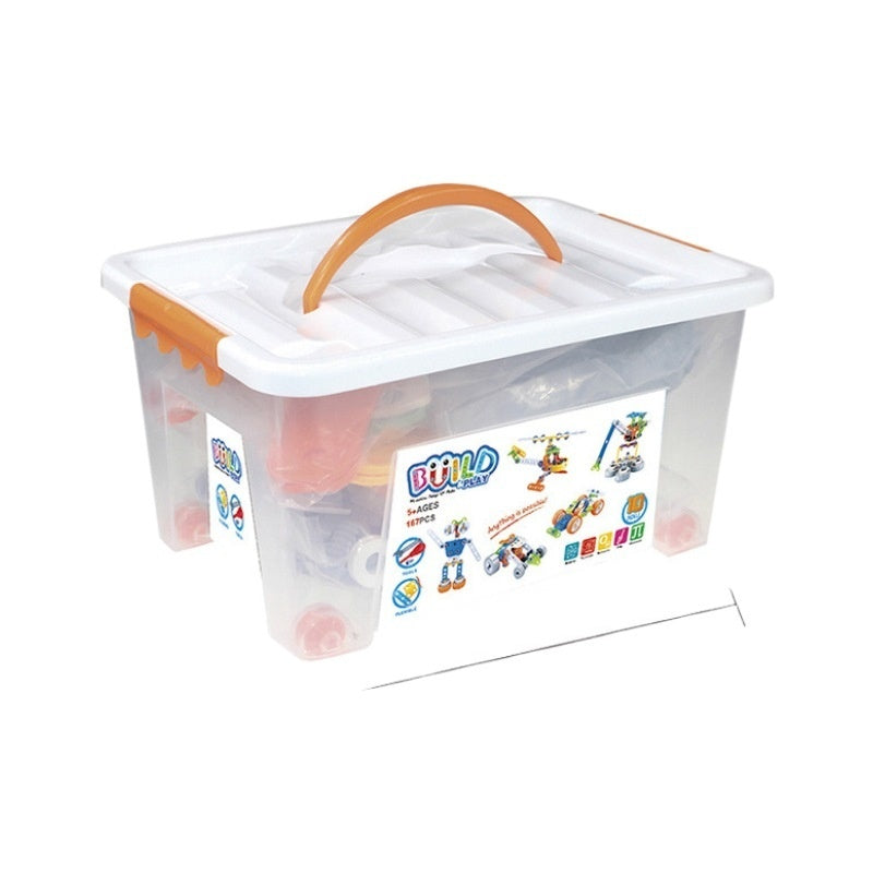 持ち手付き収納ケースの外観が分かるスクリュー組立ブロックの収納イメージ
