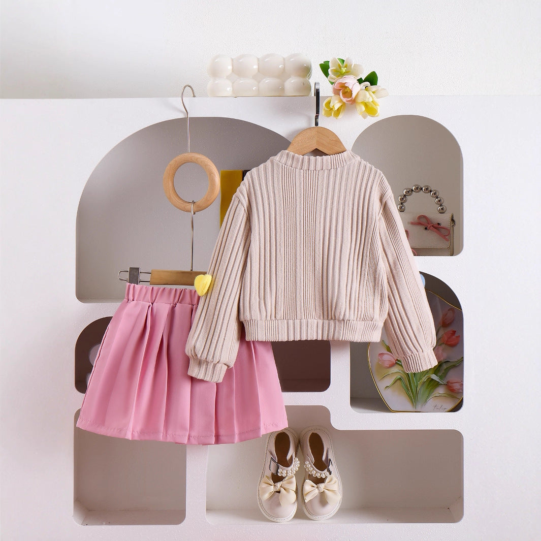 立体ハートがゆらっと愛らしい 女の子カーディガン＆プリーツスカート2点セット コットン混 2〜8歳 Lumisei Prime