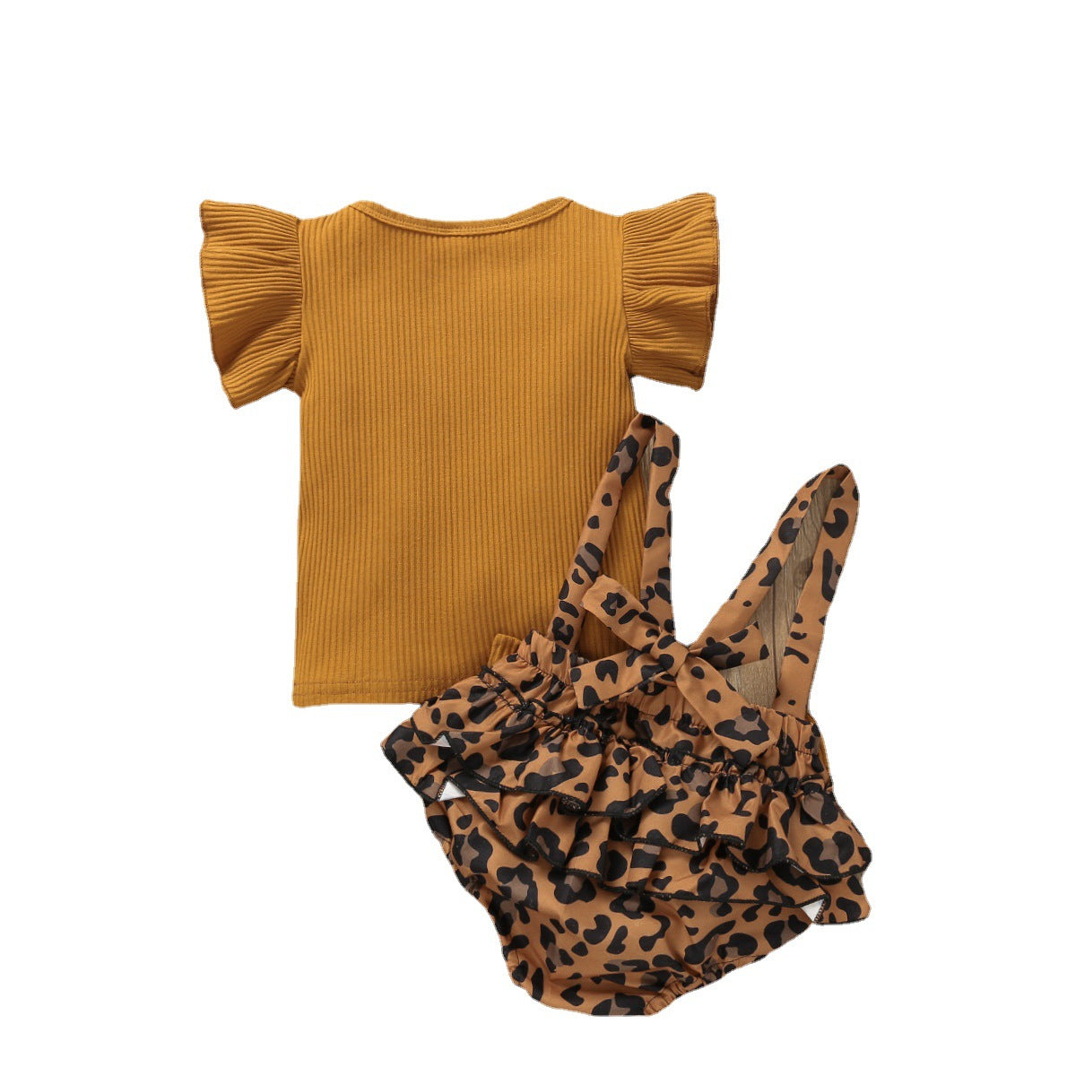 レオパード柄ブルマが主役 ベビー女の子 リブ半袖トップス＋サスペンダーブルマ＋ヘアバンド 3点セット 70〜100cm