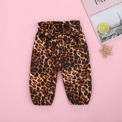 きゅんと映えるリンクコーデが完成する 女の子半袖ロンパース＆レオパード柄ロングパンツ＆ヘアバンド3点セット レタープリント コットン 70~100cm