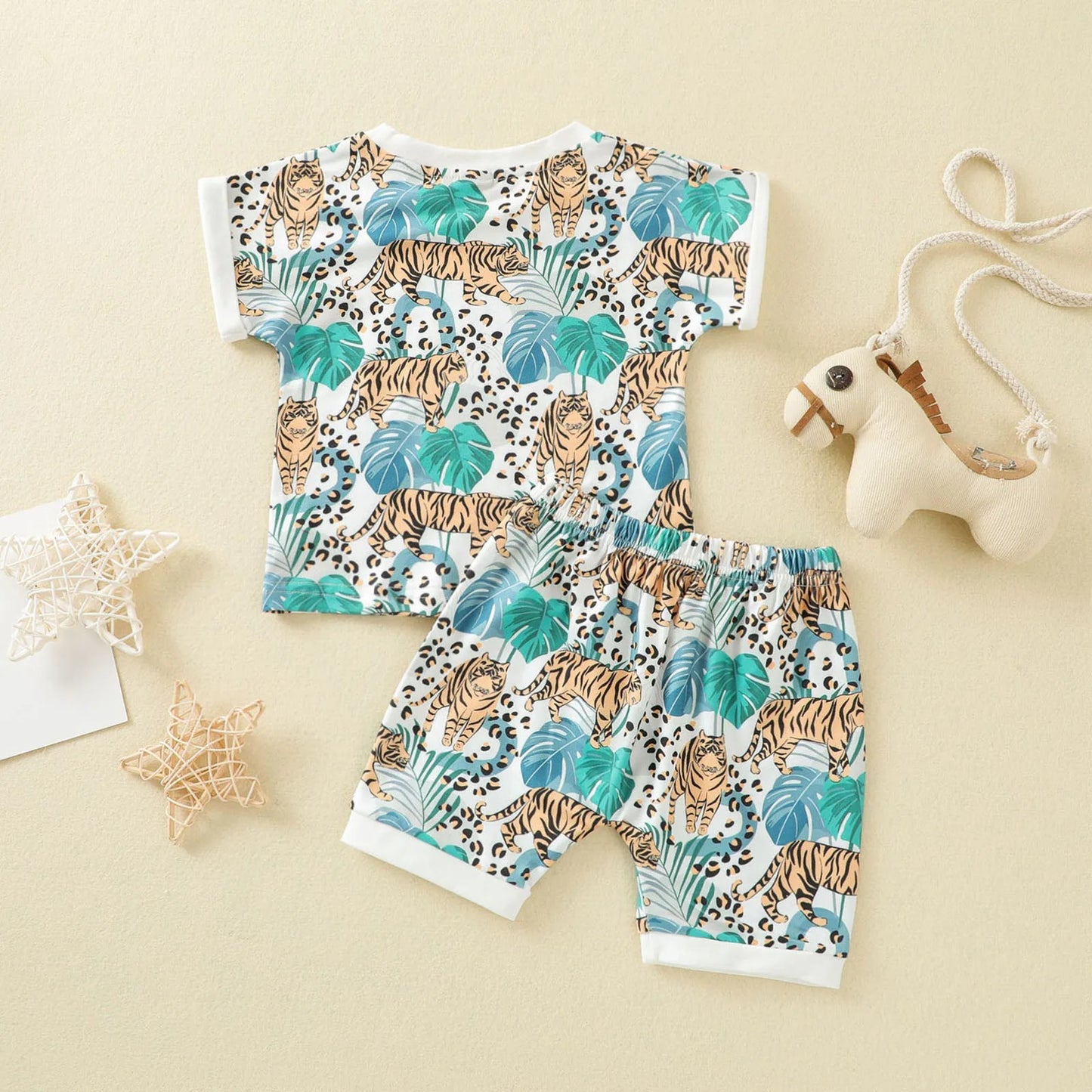 さらり快適なジャングルタイガー柄 子ども半袖Tシャツ＆ショートパンツ上下セット コットン 70~110cm
