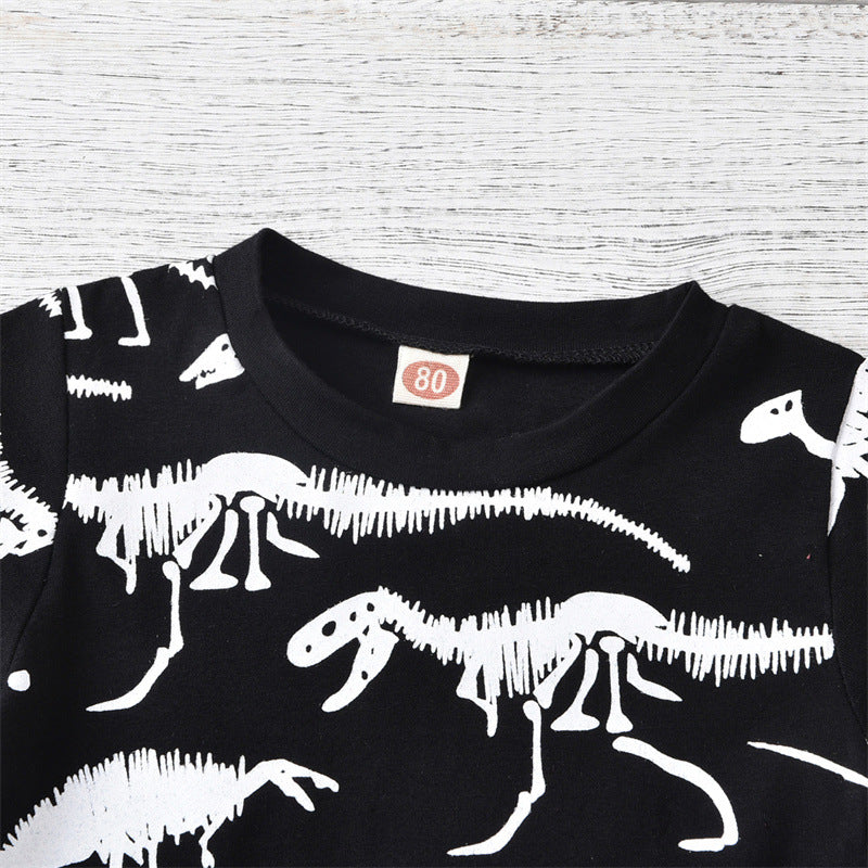 元気に動ける夏のデイリーが一枚で決まる 子ども半袖Tシャツ上下セット 恐竜骨プリント コットン95% 80~120cm