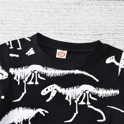 元気に動ける夏のデイリーが一枚で決まる 子ども半袖Tシャツ上下セット 恐竜骨プリント コットン95% 80~120cm