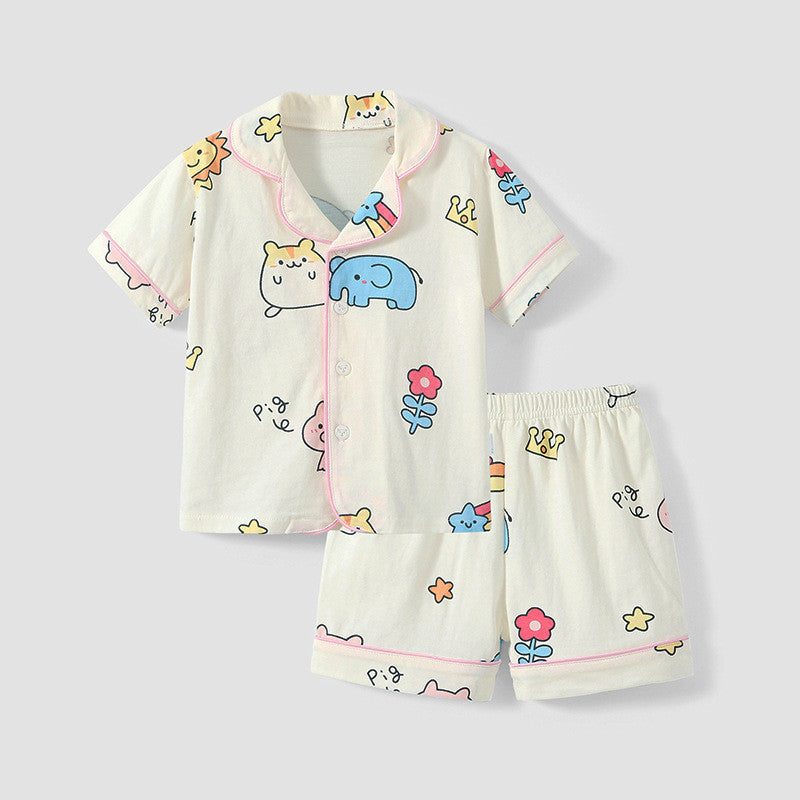 おうち時間がもっと快適になる 子ども前開き半袖パジャマ上下セット アニマルプリント コットン素材 3~8歳向け