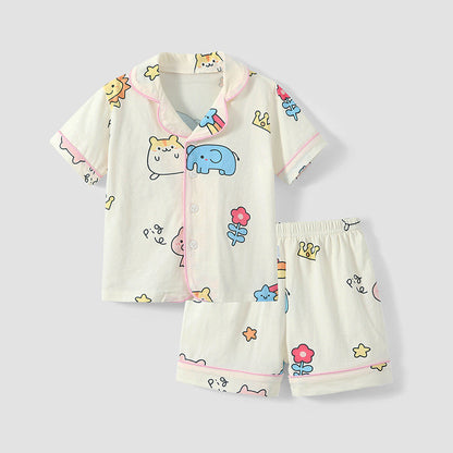 おうち時間がもっと快適になる 子ども前開き半袖パジャマ上下セット アニマルプリント コットン素材 3~8歳向け