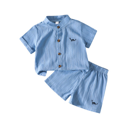 さらっと涼しくきちんと見えが叶う 男の子半袖シャツ＆ショートパンツセット 恐竜刺繍 シンプルブルー ポリエステル 6〜9ヶ月〜2〜3歳