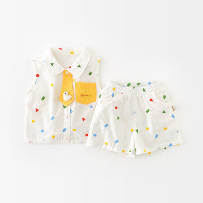 さらっと涼しく夏の韓国風コーデが完成する 子どもノースリーブベスト＆ショートパンツセット 幾何学刺繍デザイン コットン ホワイト 73〜100cm