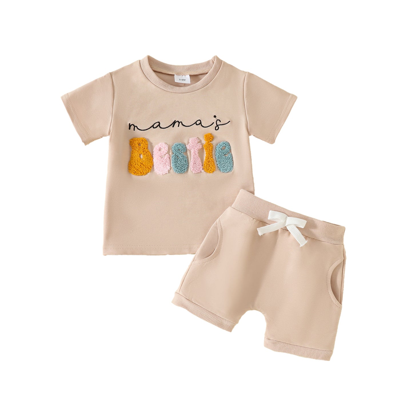 ふんわり刺繍ロゴが映える 女の子半袖トップス＆ポケット付きショートパンツ セットアップ コットン 3-6M~2-3Y