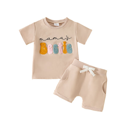 ふんわり刺繍ロゴが映える 女の子半袖トップス＆ポケット付きショートパンツ セットアップ コットン 3-6M~2-3Y