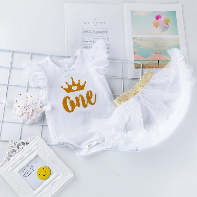 誕生日フォトが華やぐ 女の子ベビー3点セット カートゥーン＆レタープリント ロンパース＋チュチュスカート＋ヘアバンド コットン 59~80cm