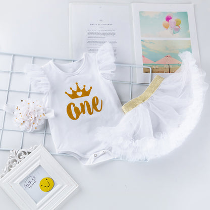 誕生日フォトが華やぐ 女の子ベビー3点セット カートゥーン＆レタープリント ロンパース＋チュチュスカート＋ヘアバンド コットン 59~80cm