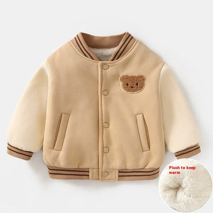 ライトミルクティー色とダークコーヒー色2枚のベビーアウターを重ねた比較写真 裏フリース子どもコート
