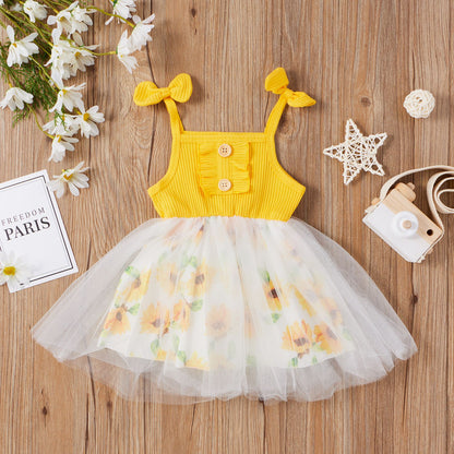 ふんわりチュールでお姫さま気分を楽しめる 女の子ジャンパースカート リボン肩紐＆リブ風トップス 花柄レイヤード コットン 80〜120cm