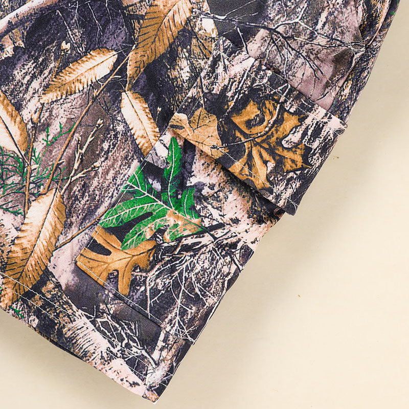 外遊びがもっと楽しくなる 男の子半袖フーディーセット 迷彩カモフラージュ柄カーゴショーツ ポリエステル混 18-24ヶ月~6歳