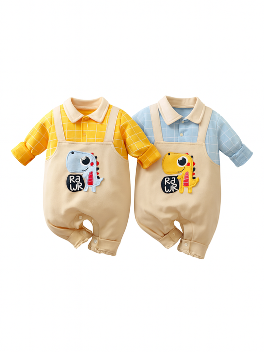 恐竜ワッペン付きベージュオーバーオール風ベビーロンパース 黄色とブルーのコーデセット

